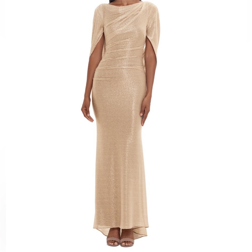 Betsy & Adam Metallic Cape Gown